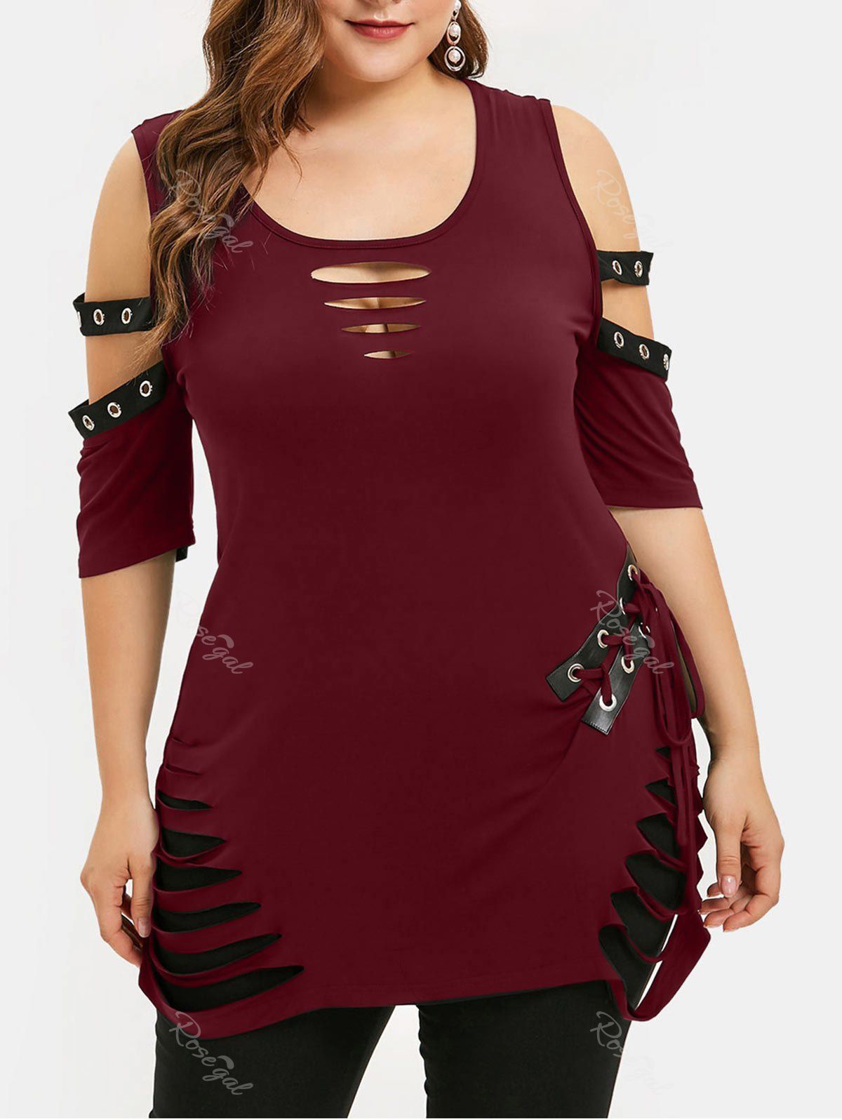 

Open Shoulder Lace Up Plus Size Ripped T-shirt, Red wine
