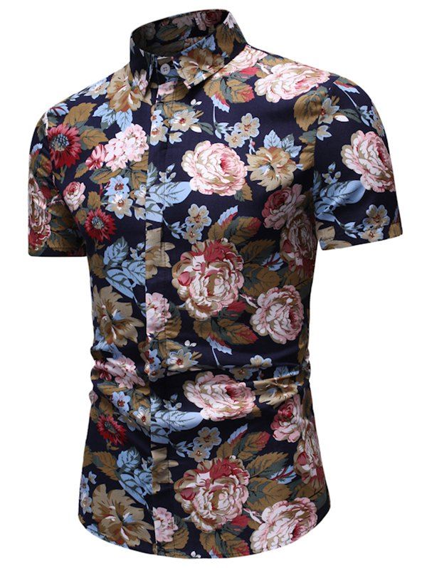 

Flower Print Vintage Button Down Shirt, Cadetblue