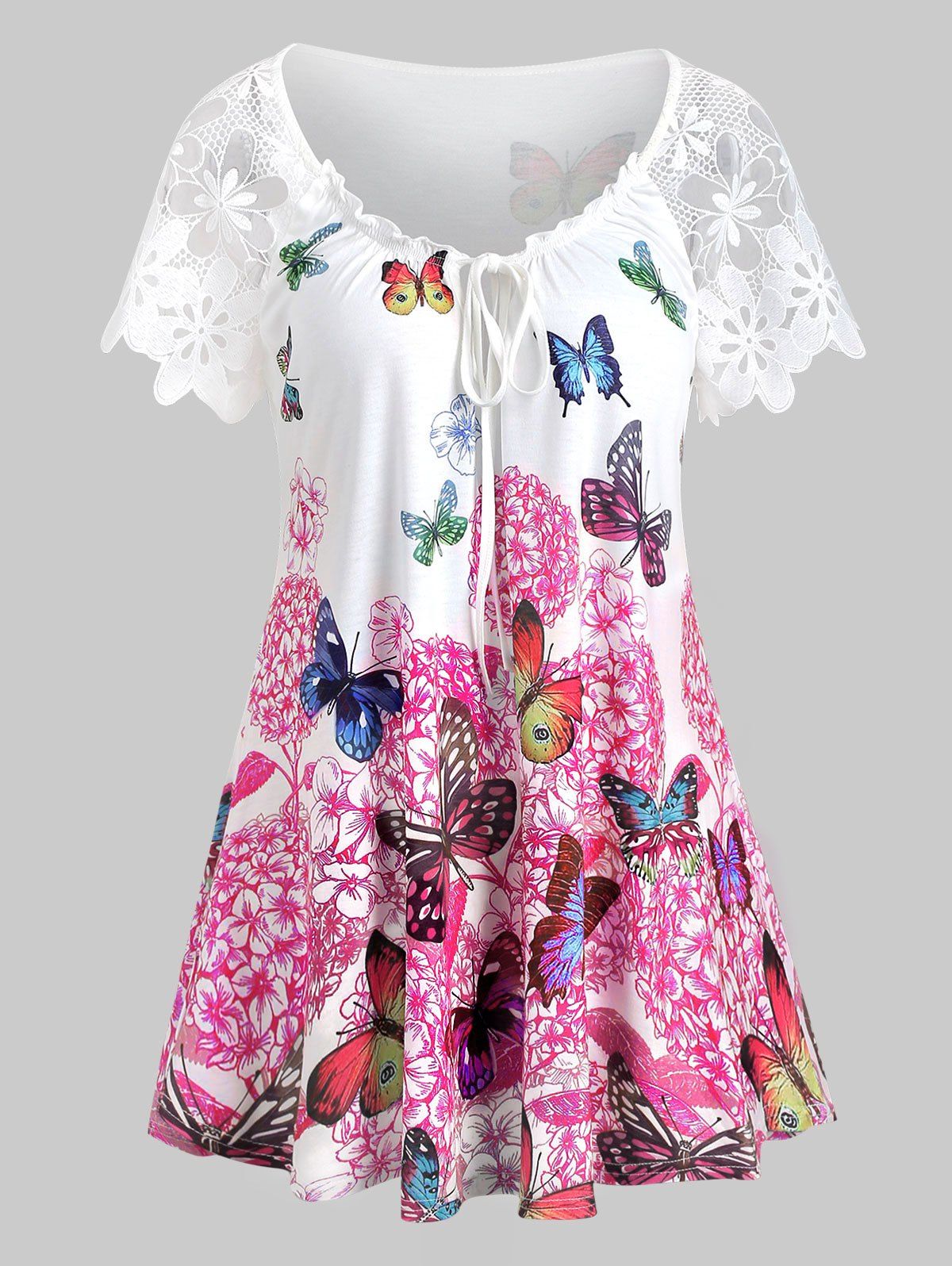 

Butterfly Print Lace Sleeves Keyhole T-shirt, Multi-a