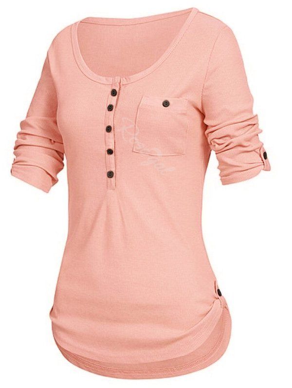 

Plus Size Roll Up Sleeve Pockets Curved T-shirt, Orange pink