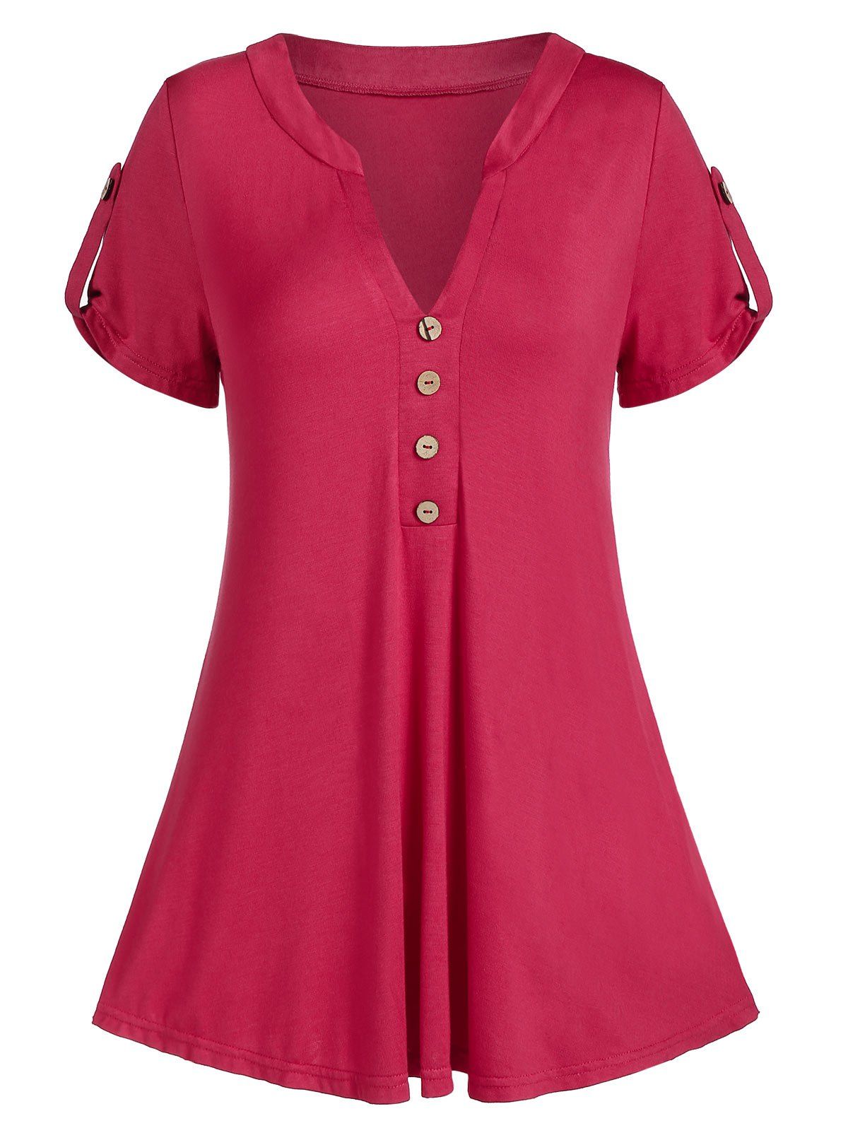 

V Notch Buttoned A Line Tunic Tee, Red wine