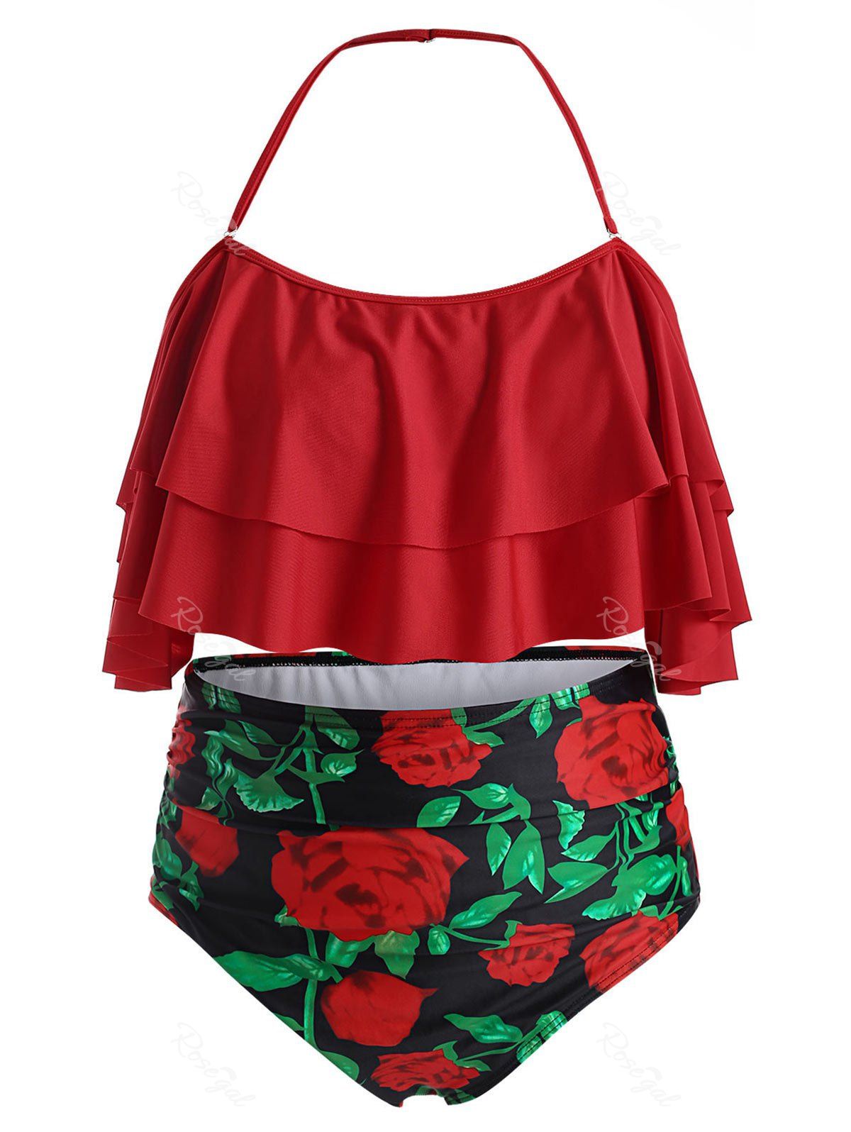 

Plus Size Floral Print Overlay Ruffled High Waist Tankini Swimsuit, Lava red