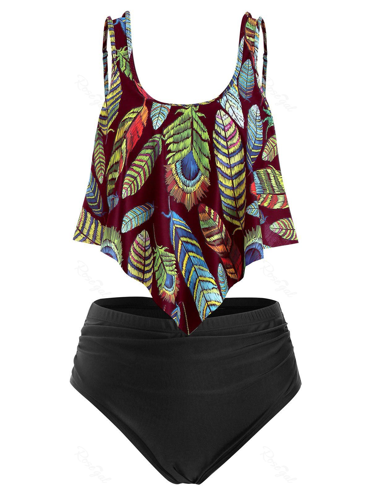 

Plus Size Overlay Feather Print Ruched Tankini Swimsuit, Multi-c
