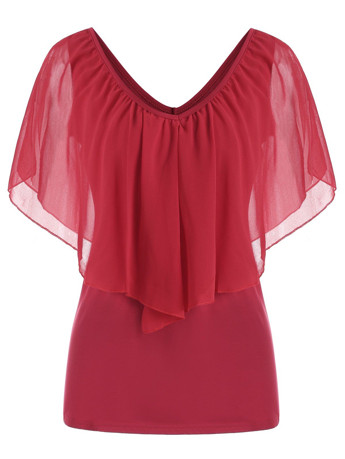 

V Neck Chiffon Flounce Sleeveless Tee, Red wine