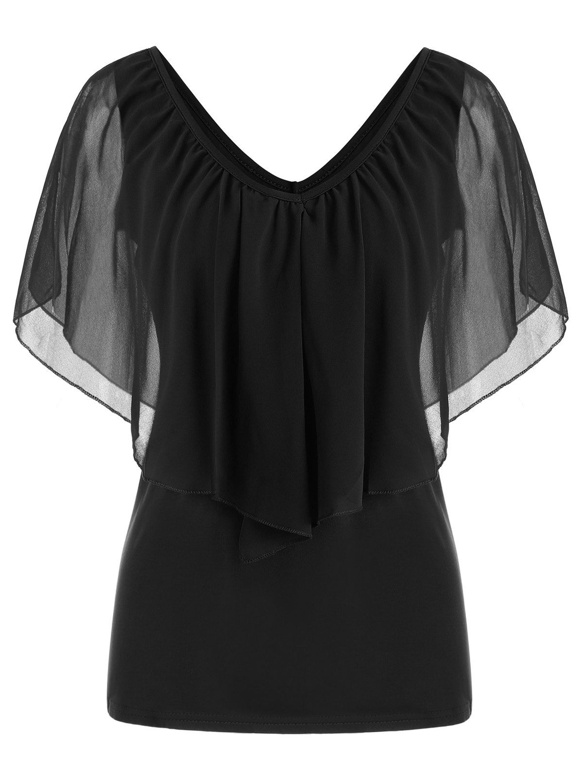 

V Neck Chiffon Flounce Sleeveless Tee, Black