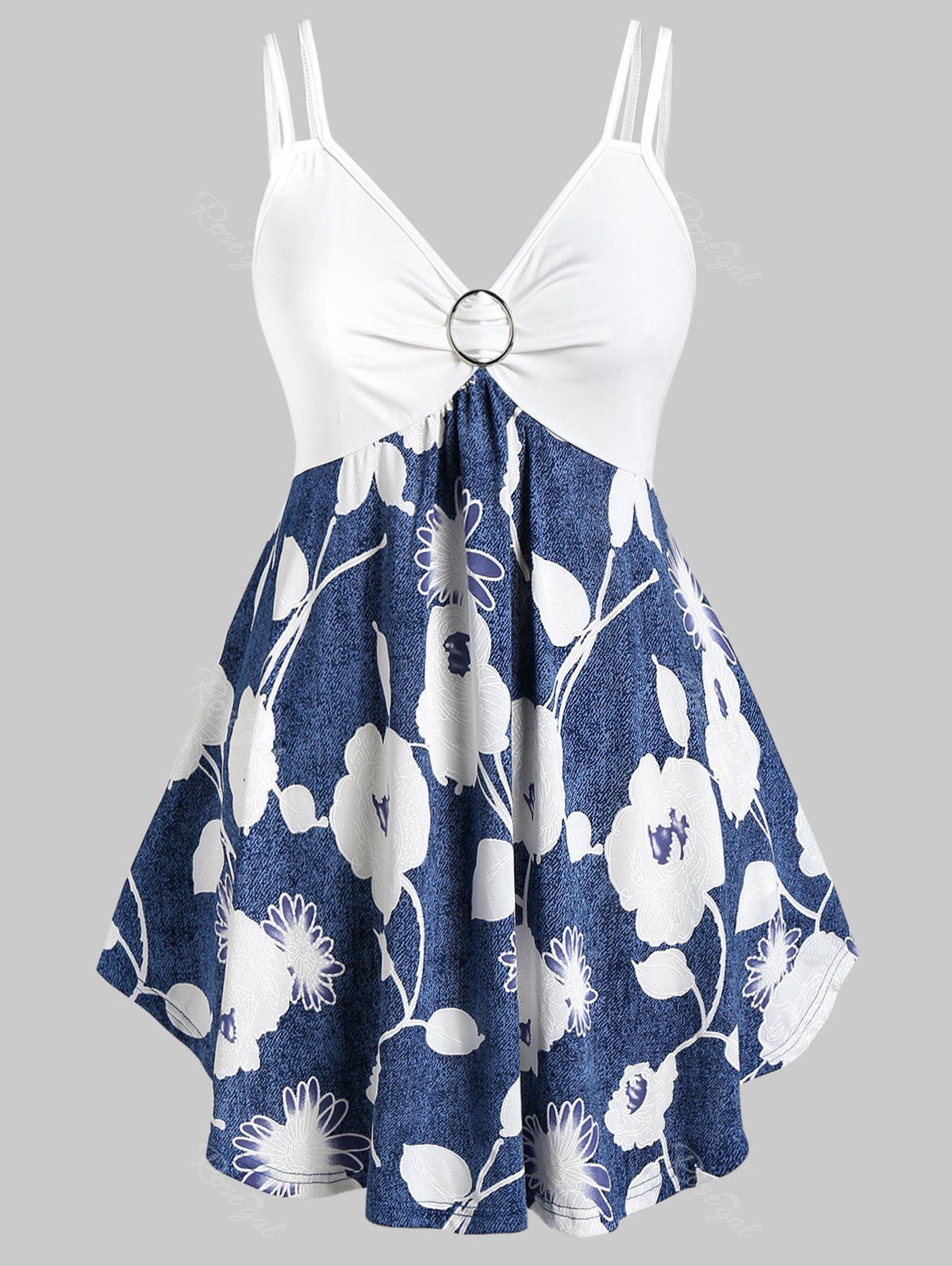 

Plus Size Spaghetti Strap Floral Print Marled Tank Top, Blueberry blue