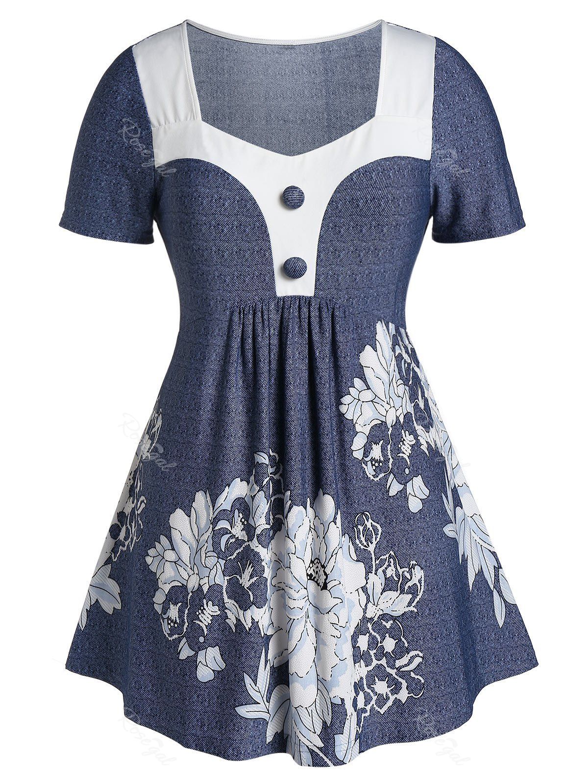 

Plus Size Sweetheart Collar Floral Print Marled T Shirt, Mist blue