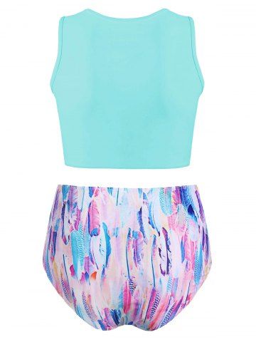 Scoop Neck Feather Print Padded Tankini Swimsuit