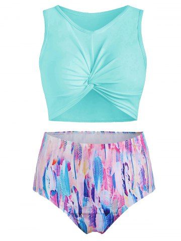 Scoop Neck Feather Print Padded Tankini Swimsuit