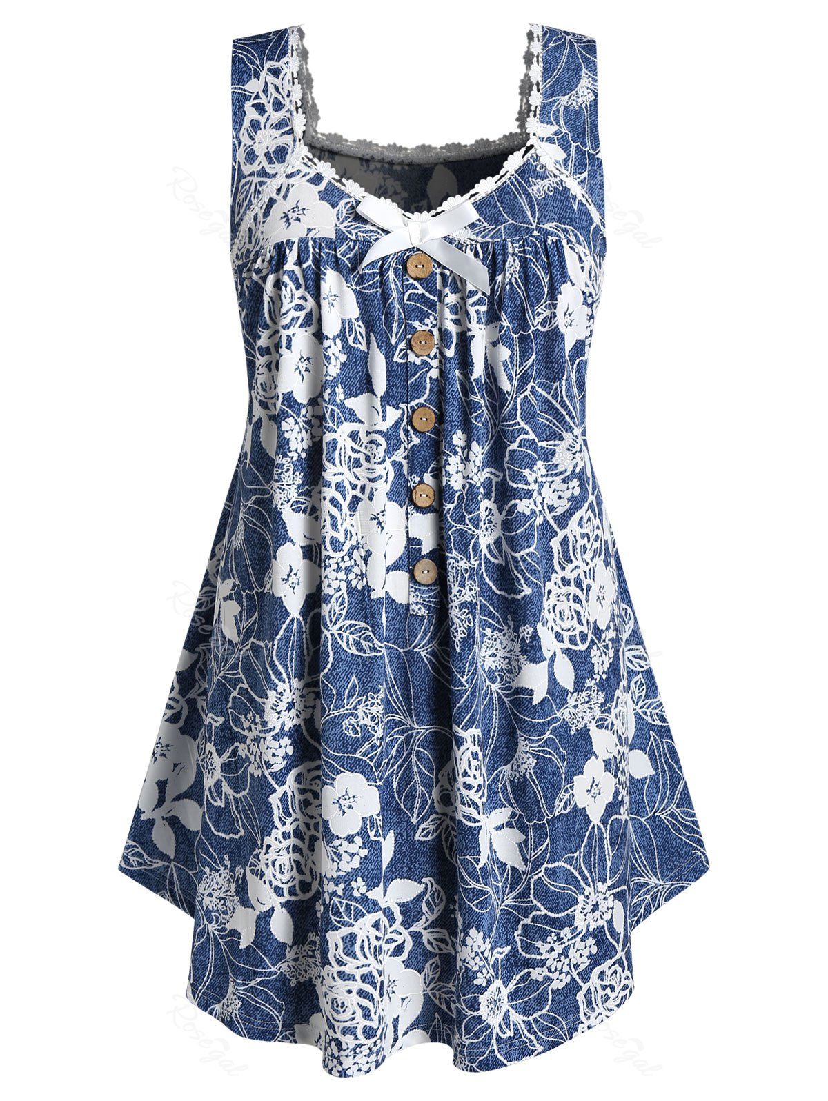 

Plus Size Flower Print Bowknot Button Embellished Tank Top, Silk blue