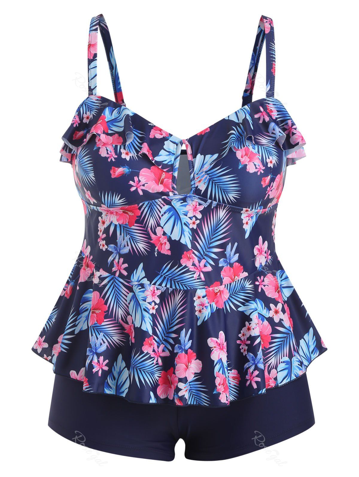 

Keyhole Contrast Floral Leaves Plus Size Tankini Swimsuit, Deep blue