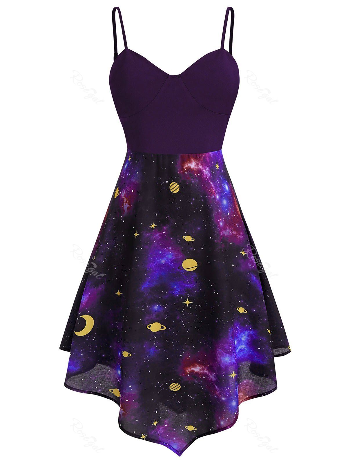 

Plus Size Starry Asymmetric Moon and Star Cami Dress, Plum purple
