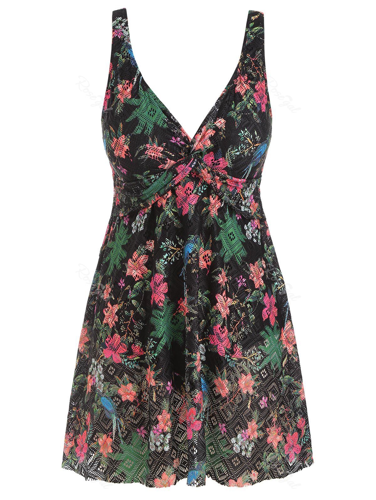 

Plus Size Perforated Plant Twist Skirted One-piece Swimsuit, Multi-a