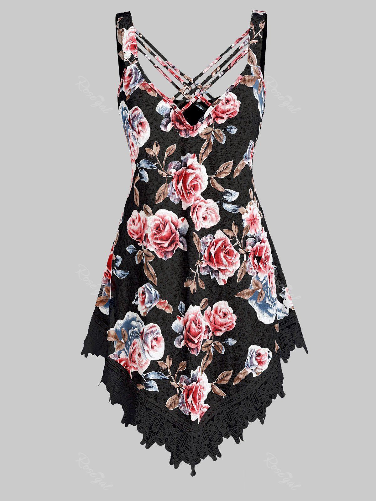 

Plus Size Lace Insert Criss Cross Tunic Tank Top, Black