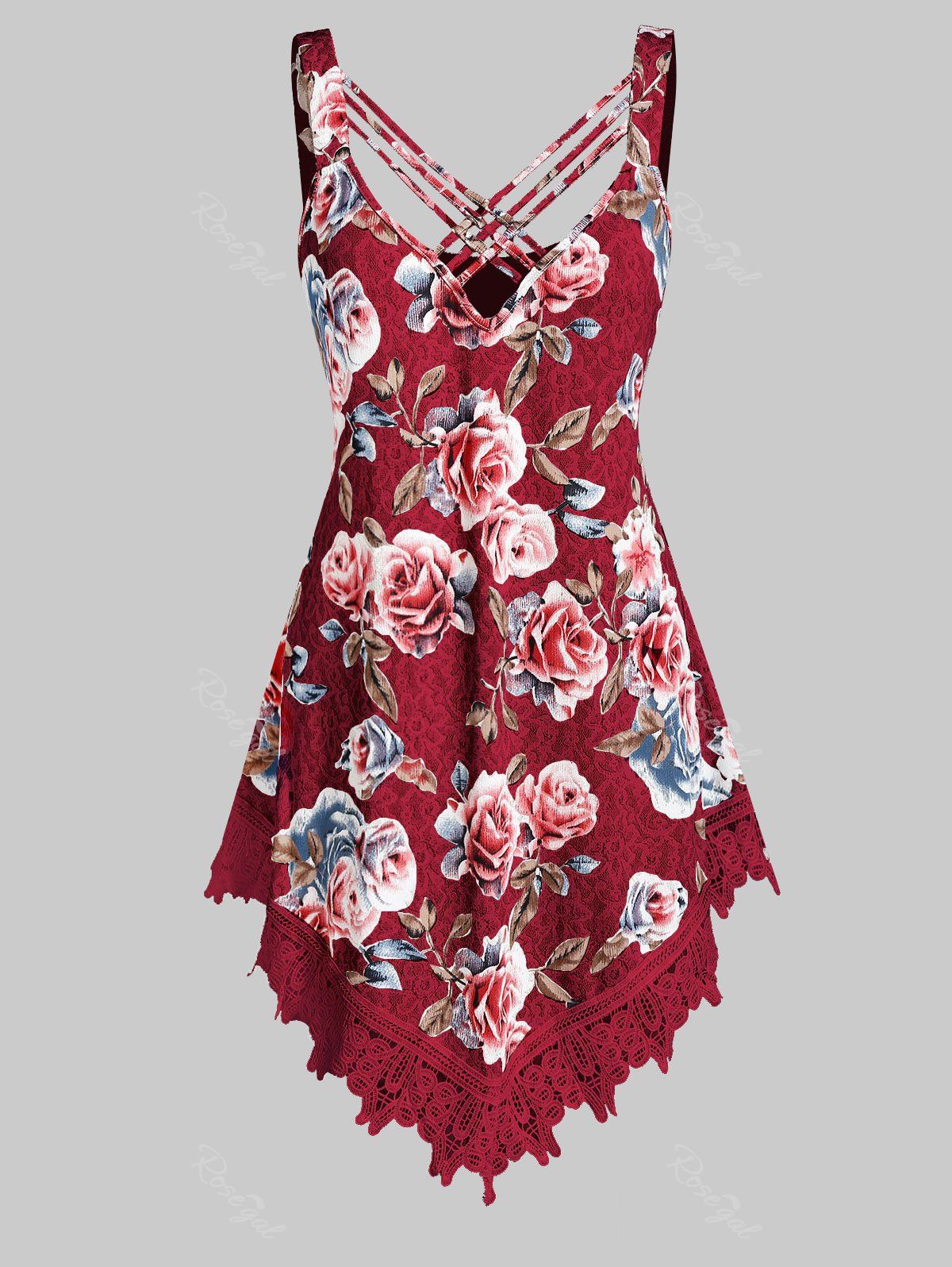 

Plus Size Lace Insert Criss Cross Tunic Tank Top, Red wine
