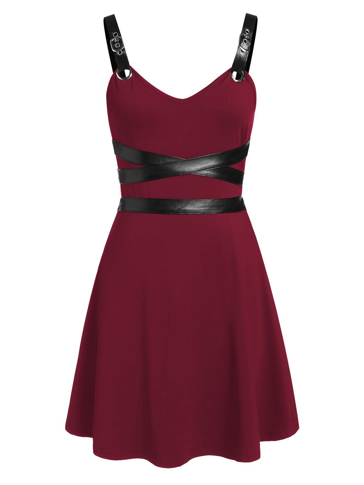 

Faux Leather Insert Sleeveless Flare Dress, Red wine