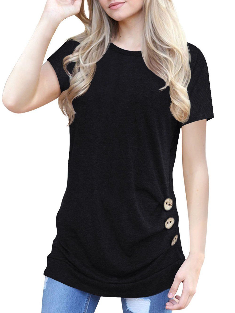 

Buttons Round Neck Marled Tee, Black