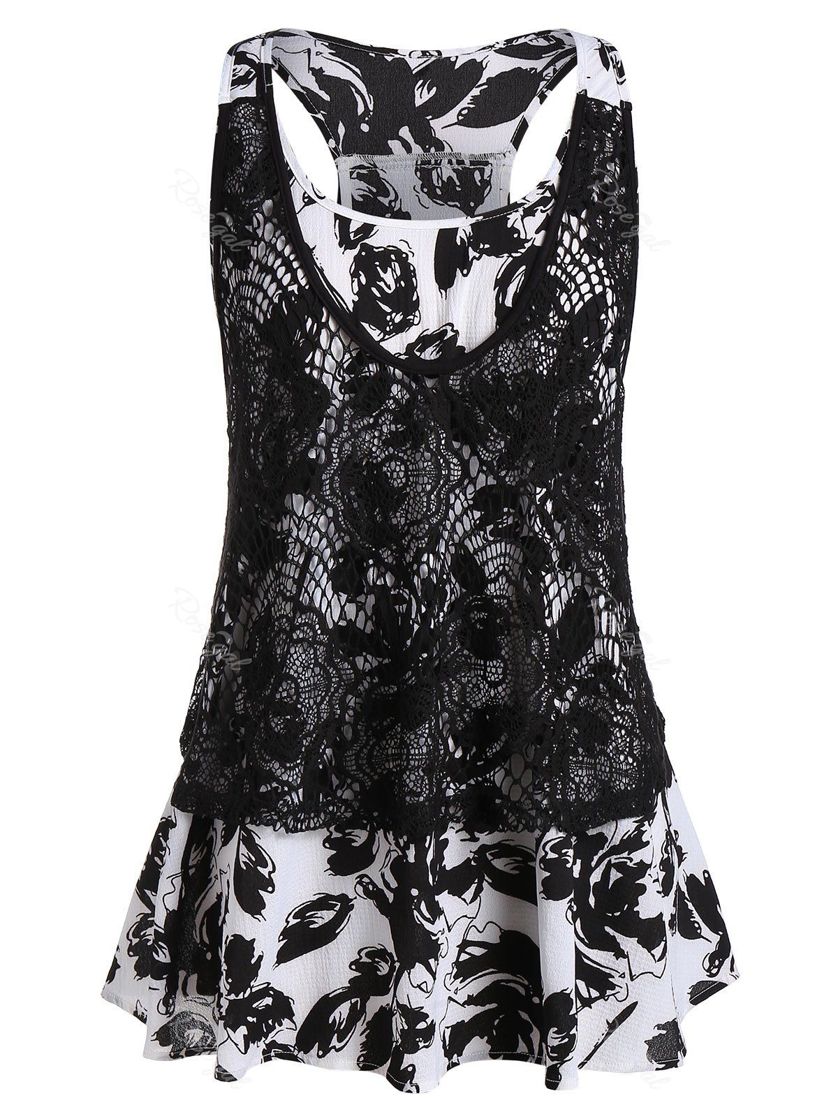 

Plus Size Lace Insert Tunic Printed Tank Top, Multi