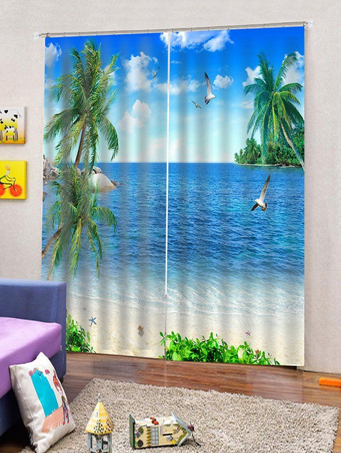 

2PCS Beach Seagulls Pattern Window Curtains, Multi-a