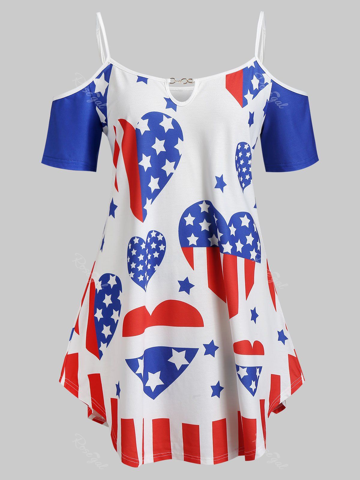 

Plus Size Keyhole American Flag Print Cold Shoulder T Shirt, White