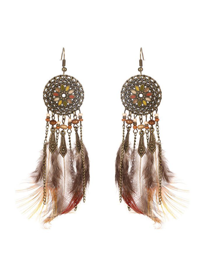 

Feather Fringe Hollow Round Vintage Earrings, Bronze