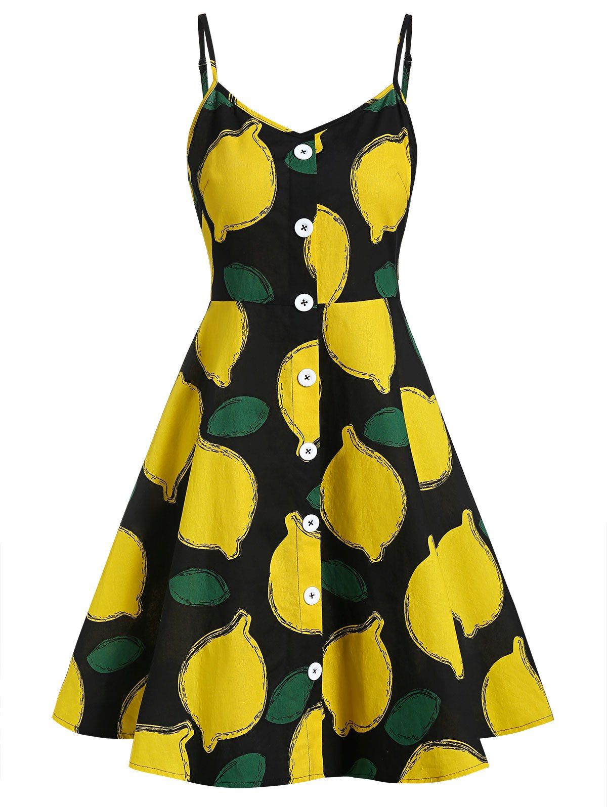 

Lemon Print Buttoned A Line Cami Dress, Black