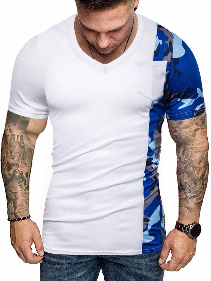 

Camouflage Print Splicing Chest Pocket T-shirt, White