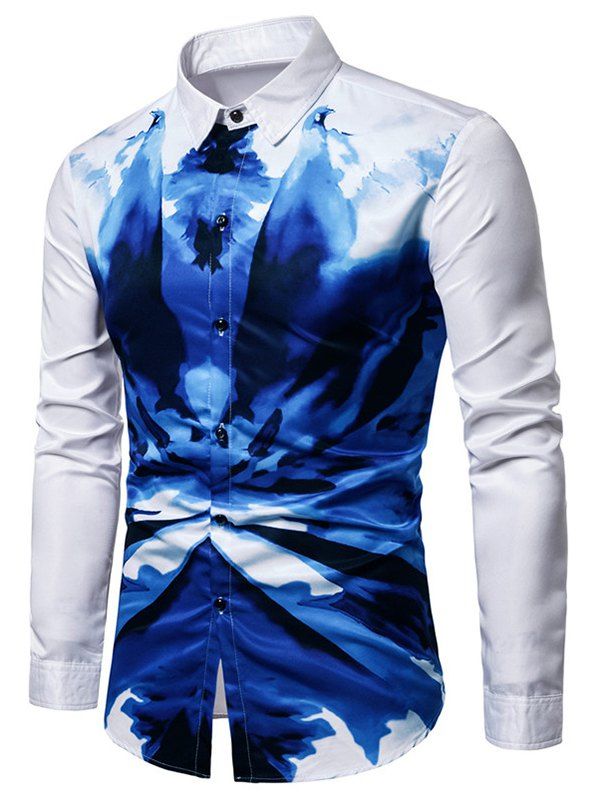 

Ink Painting Print Party Club Long Sleeves Shirt, White