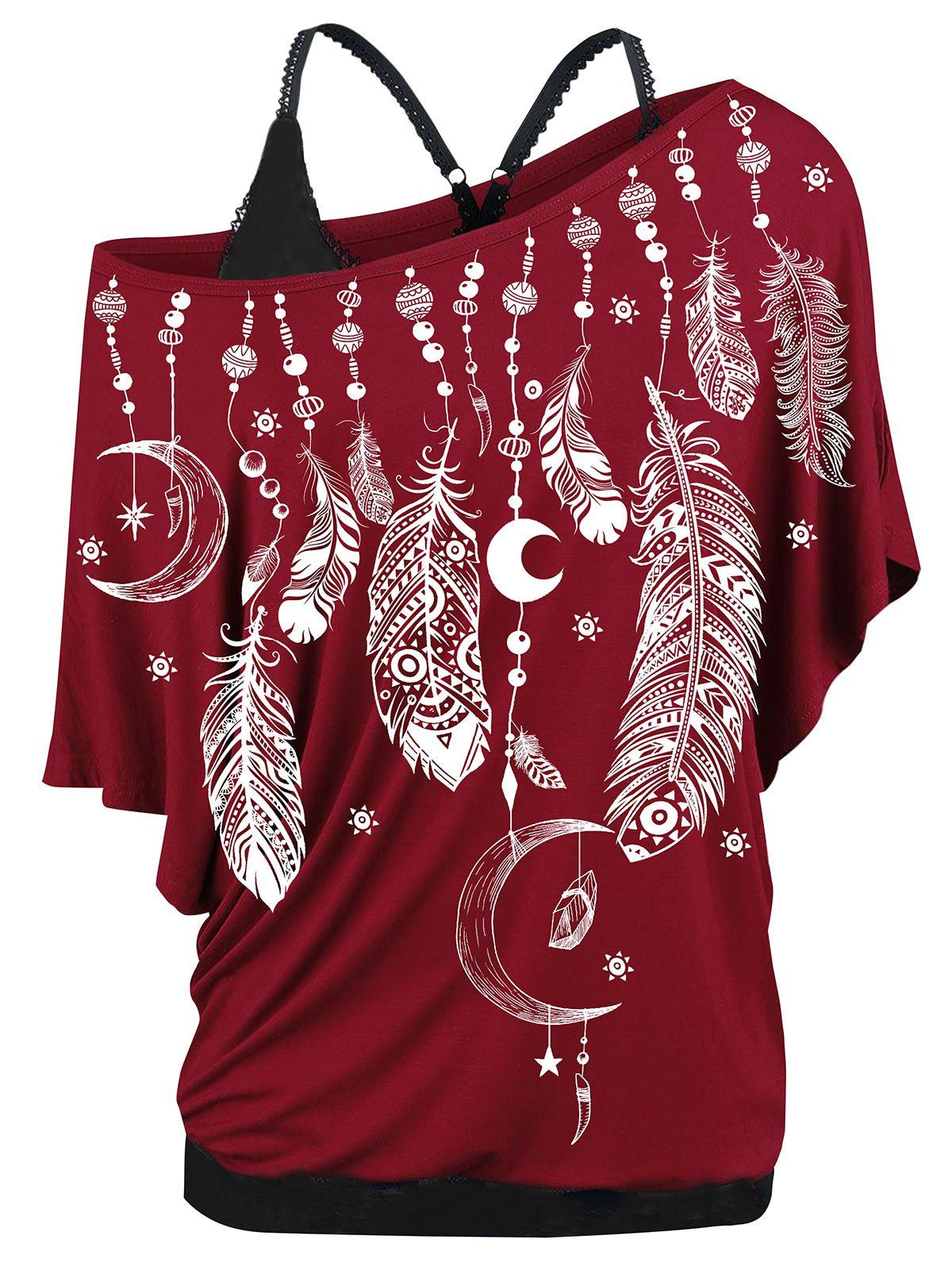 

Plus Size Feather Print Skew Neck T-shirt and Tank Top Set, Red wine