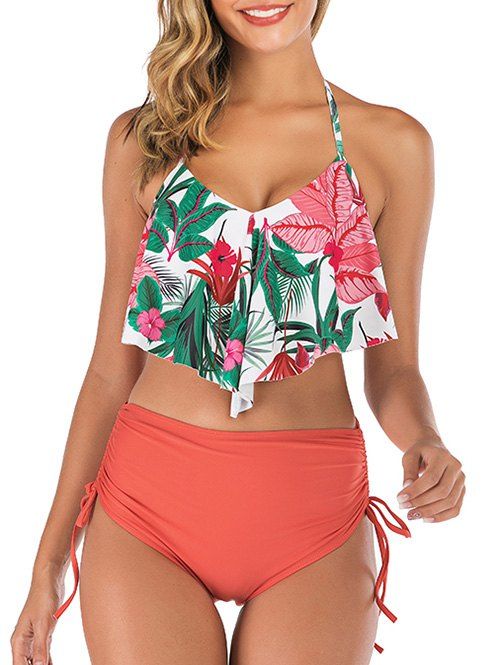 

Halter Flounce Printed Cinched Bikini Swimsuit, Bean red