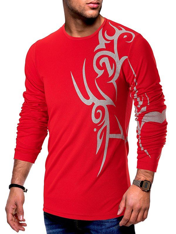 

Tattoo Print Mesh Long Sleeves Casual T-shirt, Red