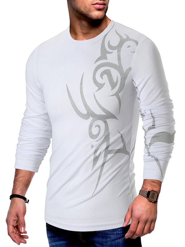 

Tattoo Print Mesh Long Sleeves Casual T-shirt, White