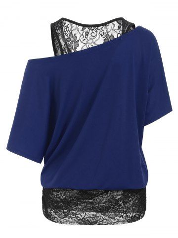 

Scoop Neck Lace Panel Casual Tee, Navy blue