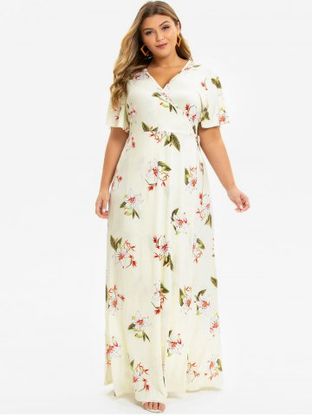 Plus Size Split Sleeve Flower Print Maxi Wrap Dress