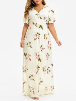 Plus Size Split Sleeve Flower Print Maxi Wrap Dress - BEIGE - 3X
