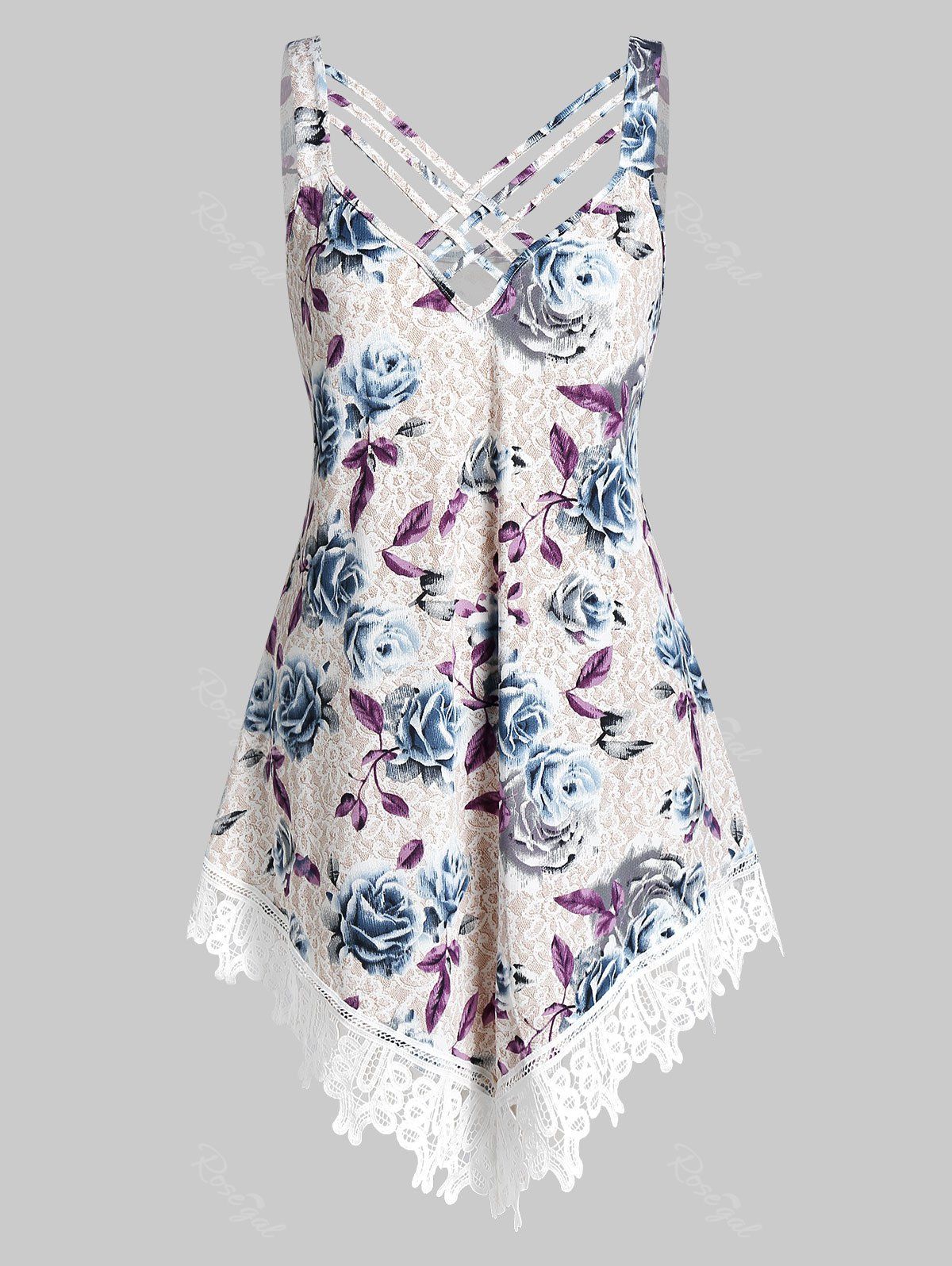 

Plus Size Lace Insert Criss Cross Tunic Tank Top, Blue gray