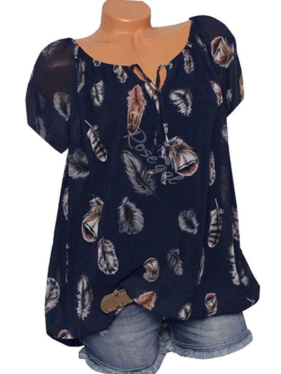 

Plus Size Feather Print Keyhole Blouse, Cadetblue