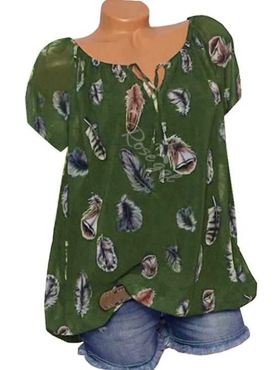 

Plus Size Feather Print Keyhole Blouse, Medium sea green