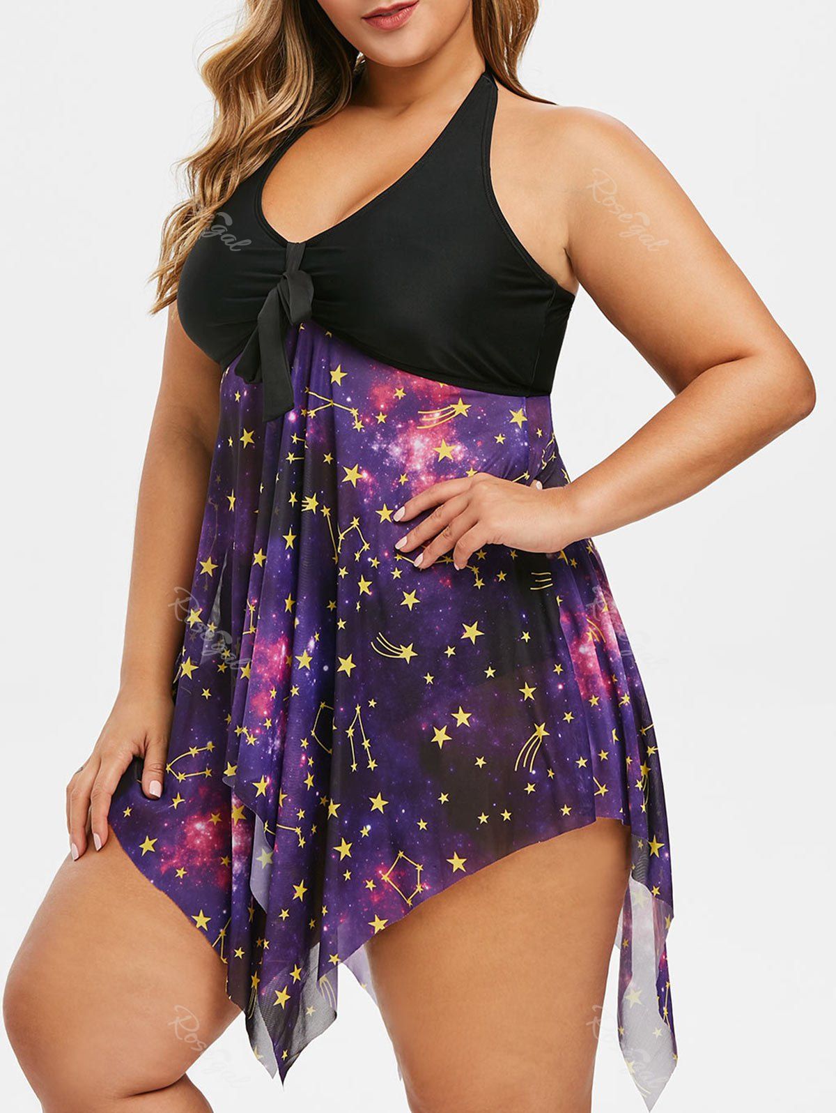 

Plus Size Handkerchief Halter Starry Sky Tankini Set, Violet