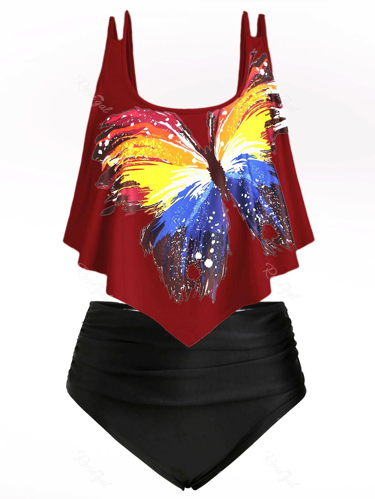 

Ruched Ruffles Butterfly Graphic Plus Size Tankini Swimsuit, Red wine