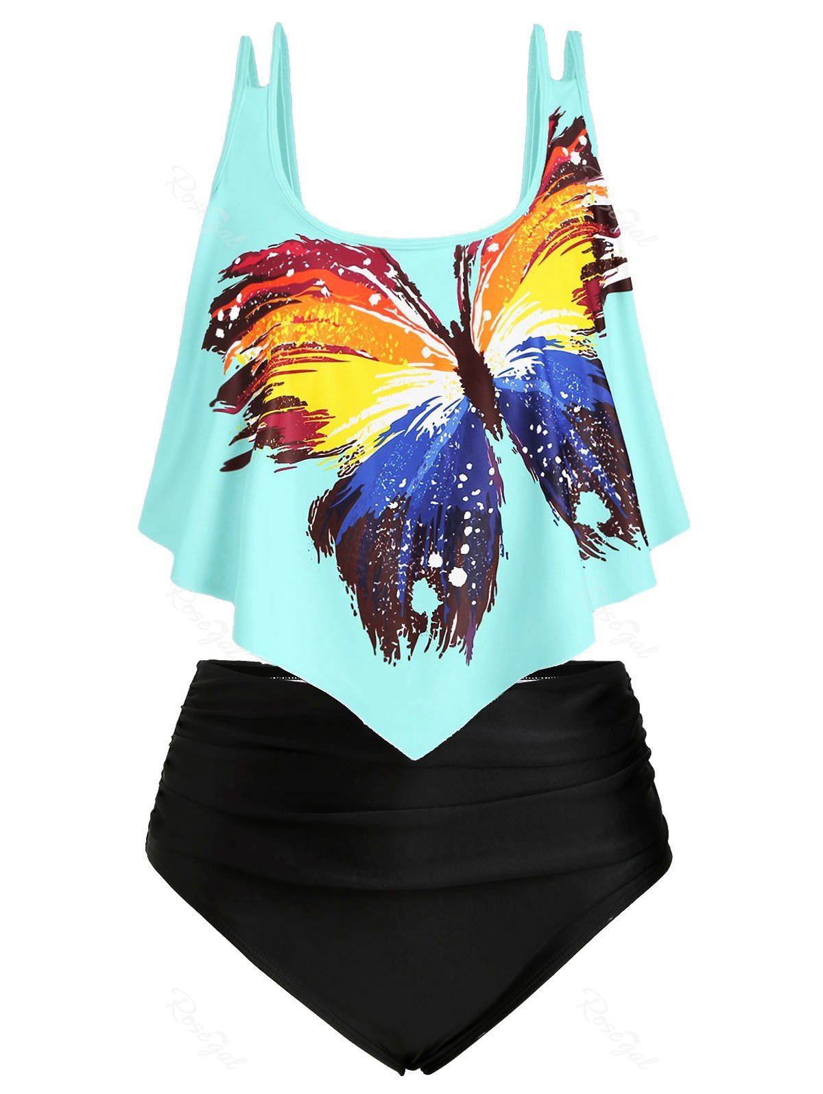 

Ruched Ruffles Butterfly Graphic Plus Size Tankini Swimsuit, Tron blue