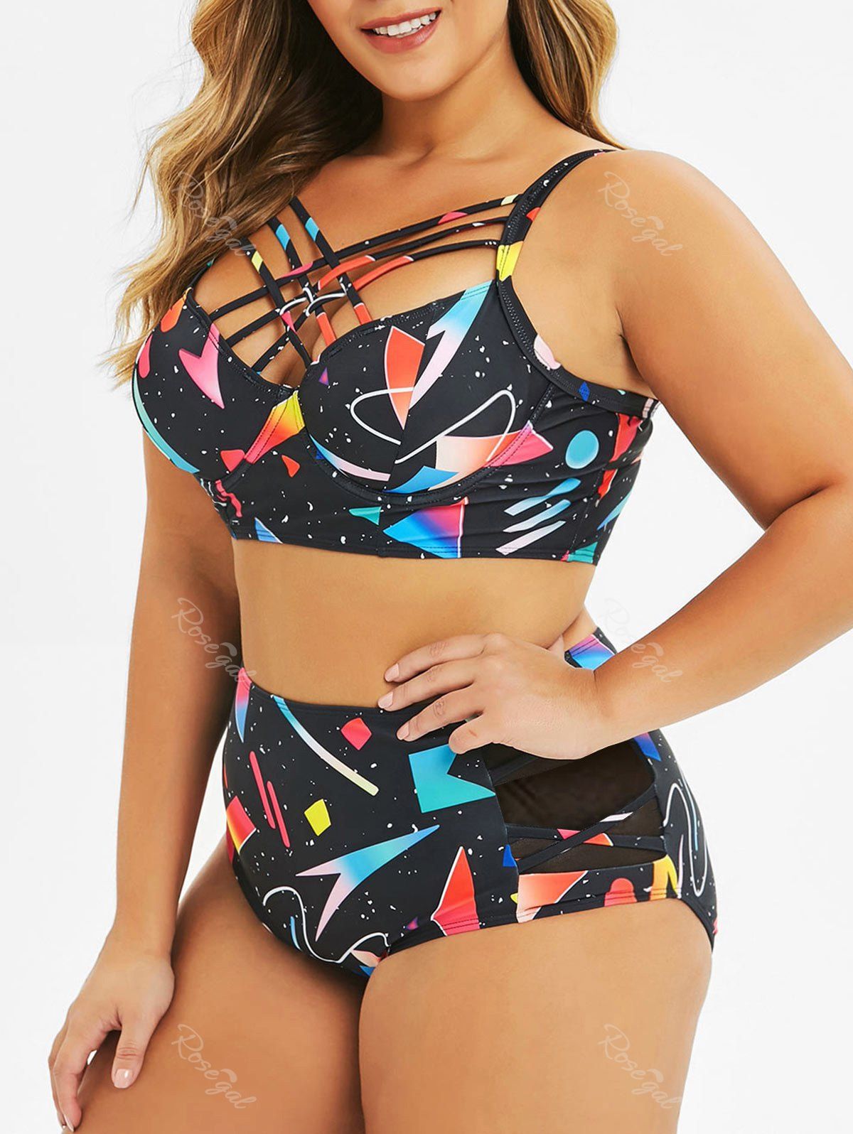 

Plus Size Criss Cross Underwire Ombre Geometry Bikini Swimsuit, Black