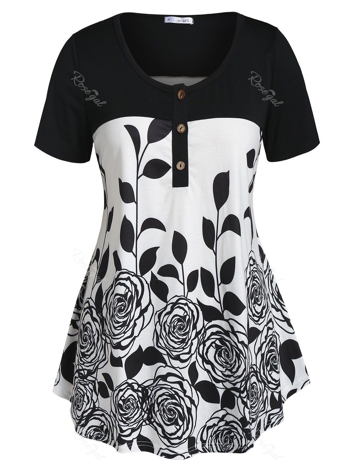 

Plus Size Flower Print Contrast Henley T-shirt, White
