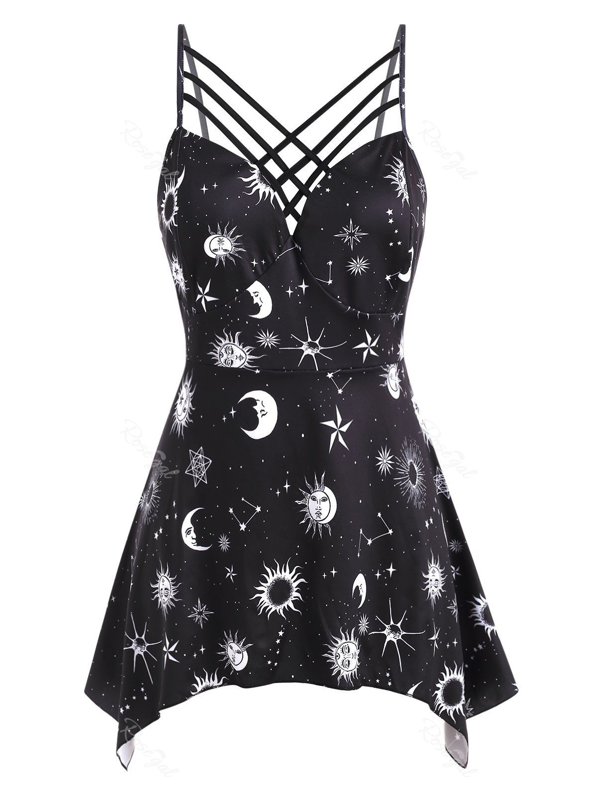 

Plus Size Asymmetrical Sun Moon Print Criss Cross Tank Top, Black