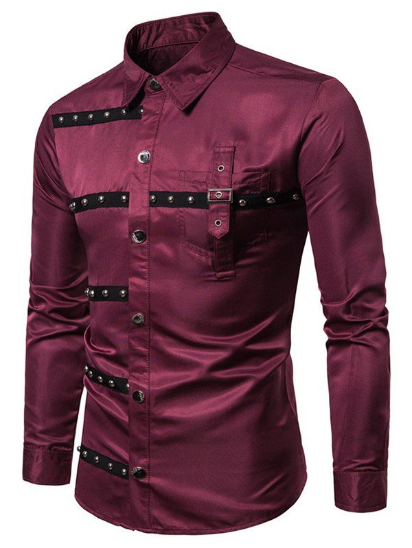 

Gothic Rivet Design Party Club Long Sleeves Shirt, Red wine