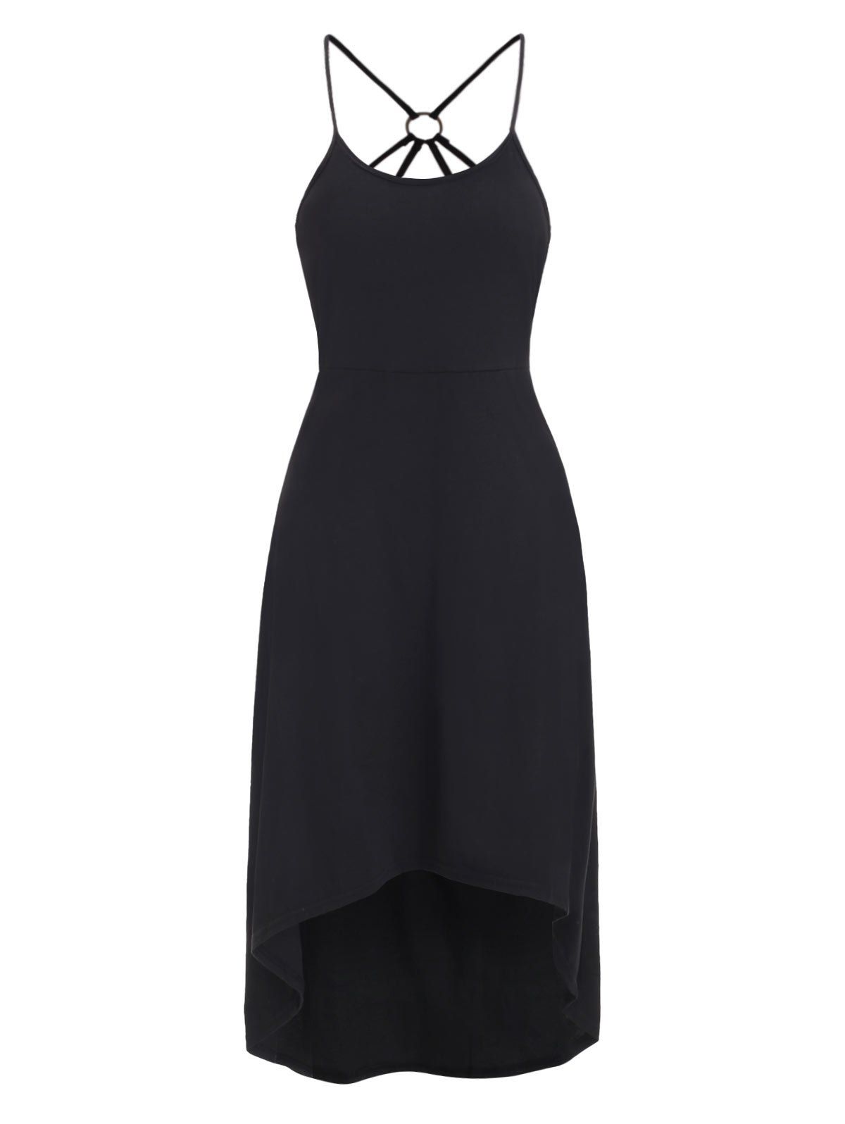 

Ring Embellished Strappy Dip Hem Dress, Black