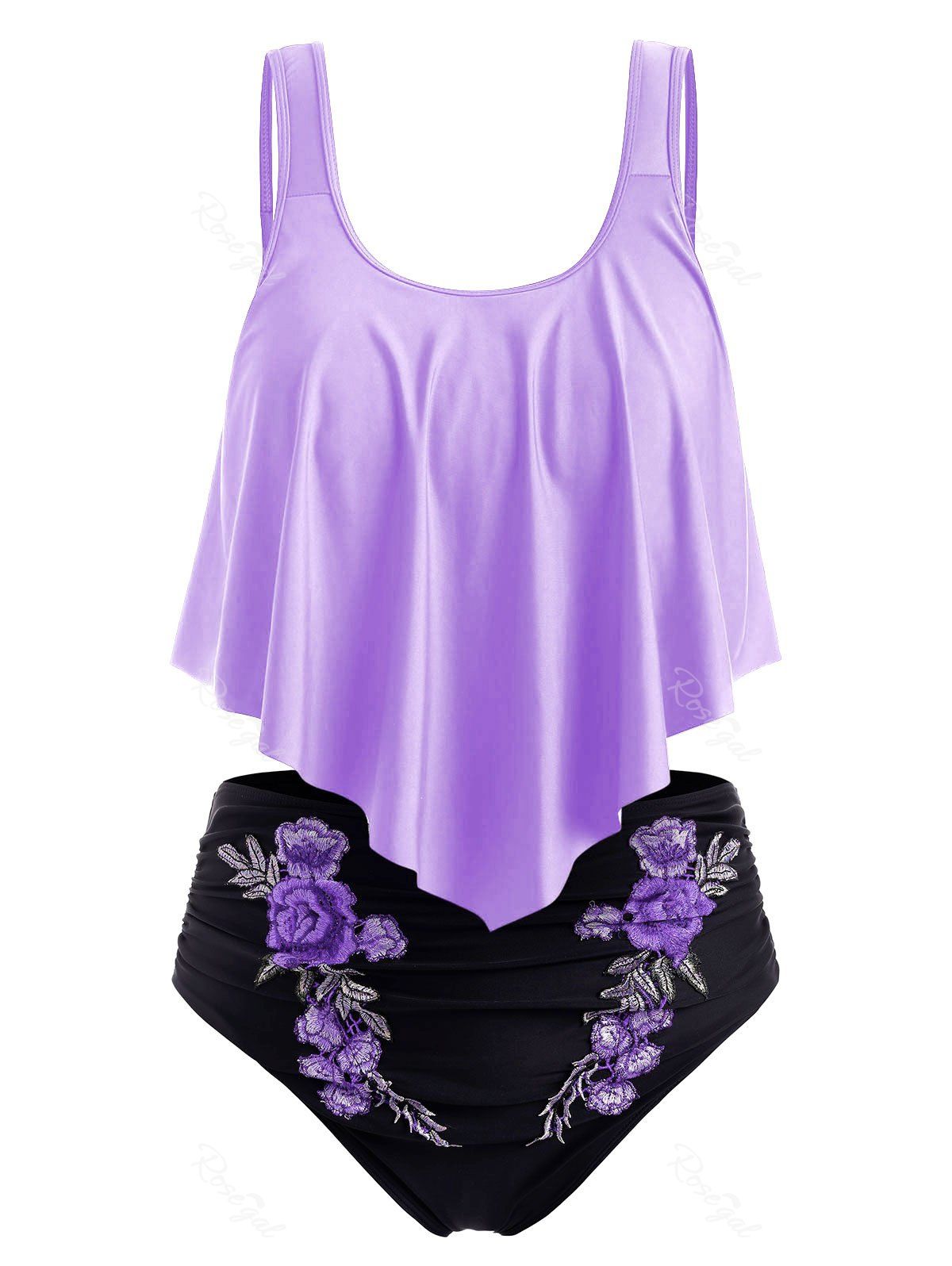 

Plus Size Embroidered Ruffled Bikini Swimsuit, Mauve