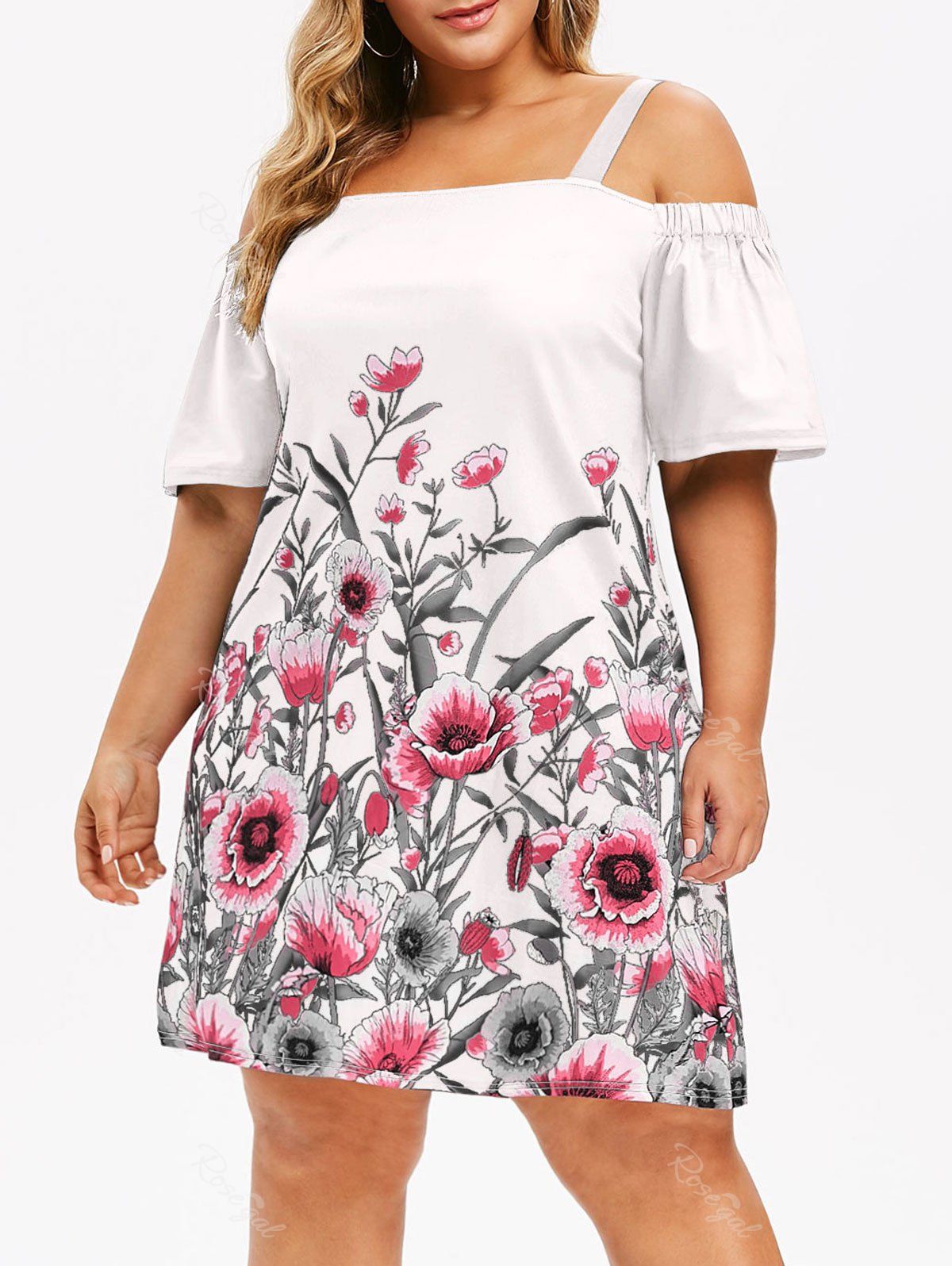 

Plus Size Floral Print Cold Shoulder Dress, White