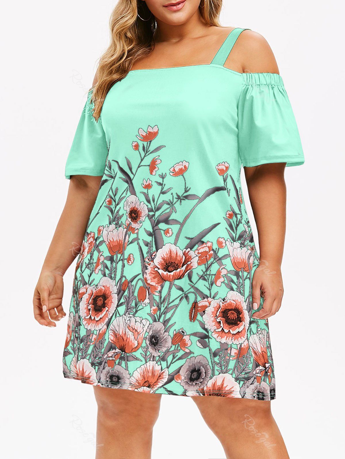 

Plus Size Floral Print Cold Shoulder Dress, Light aquamarine