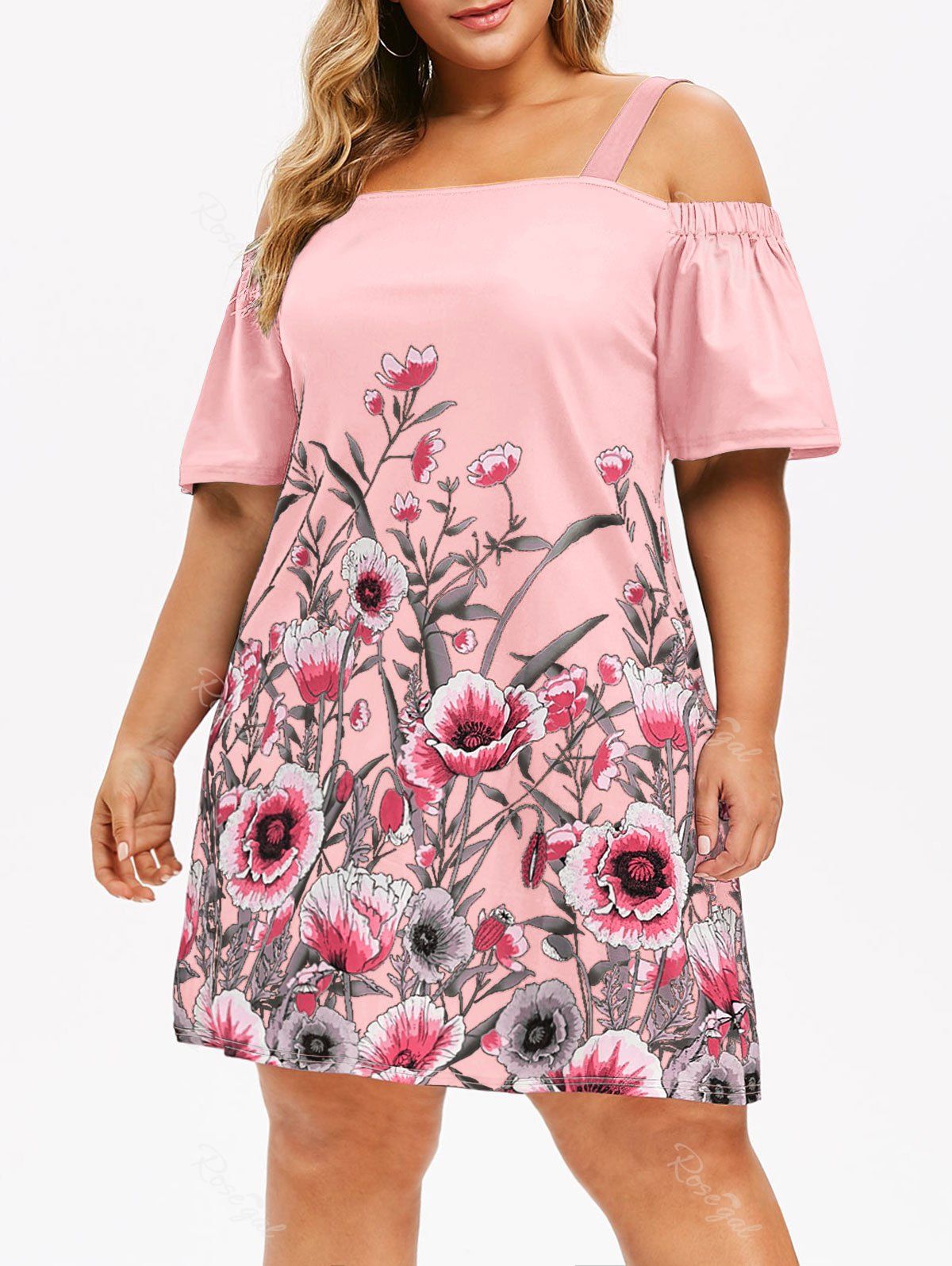 

Plus Size Floral Print Cold Shoulder Dress, Pig pink